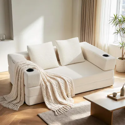 Produktbild von OYAJIA Schlafsofa Sofa mit Schlaffunktion aus Cord, umwandelbar zum Schlafsofa/-Sessel Beige, Cordsofa 150cm breit, 2Sitzer, vakuumiert, Klappsofabett