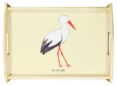 Produktbild von Mr. & Mrs. Panda Serviertablett Storch - Gelb Pastell - Geschenk, tablett aus holz, Geburt, Mütter, Schwanger, Sofa, Lustige Sprüche, Baby, Servier, Schwangerschaft
