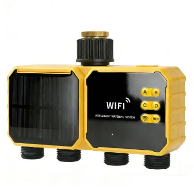 Produktbild von Intelligenter Bewässerungstimer mit WLAN, solarbetriebenem Wasserventil-Controller, App-Steuerung, Regensensor und 4-Zonen-Gartenbewässerungssystem, wiederaufladbar, für den Außenbereich und die Terrasse