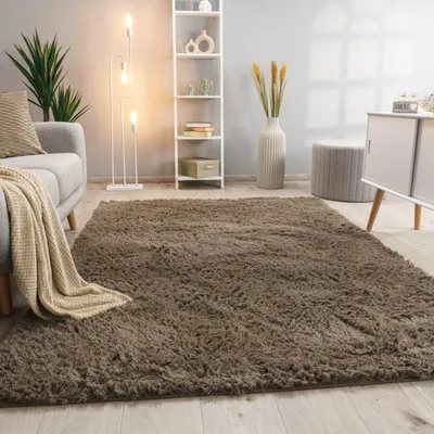 Produktbild von Hochflor Teppich Shaggy waschbar Unifarben Schlafzimmer schmutzabweisend Taupe Läufer 80x150 | 100% Polyester | Florhöhe: 33 mm | pflegeleicht