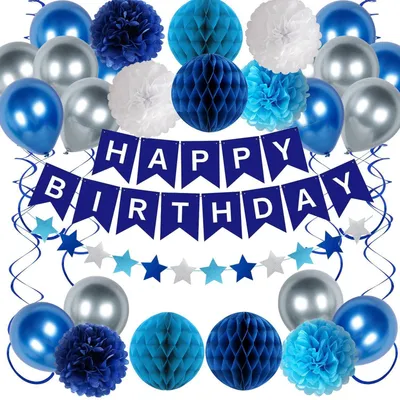 Immagine prodotto di Set di decorazioni per compleanno, colore blu, con palloncini e ghirlanda, ideale per ragazzi e uomini