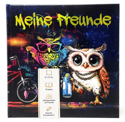 Produktbild von Freundebuch Grundschule Eule Graffiti 21x21 cm Hardcover, 92 Seiten, 30 Freunde & 8 Erwachsene