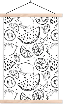 Produktbild von MuchoWow® Textilposter Obst - Muster - Schwarz - Weiß 60x90 cm mit holzfarbenen Rahmen - Textil