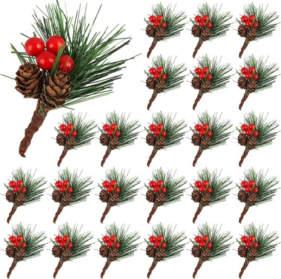 Produktbild von Künstliche Kiefernzweige mit roten Beeren und Tannenzapfen – realistische Weihnachtsgirlande zur Dekoration des Hauses während der Feiertage