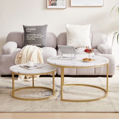 H.J WeDoo Couchtisch 2er Set mit Metallgestell Rund Kaffeetisch Wohnzimmertisch Kaffeetisch Sofatisch Marmorweiß 80 x 45 cm (Ø x H)