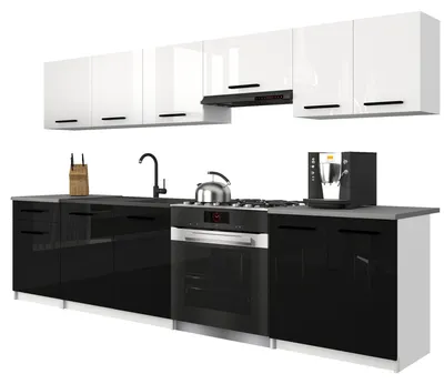 Image de Belini - Coin cuisine moderne ITALIA 2 - Meubles de cuisine 240 cm blanc-noir brillant - Cuisine équipée avec éléments hauts, éléments bas et plans de travail