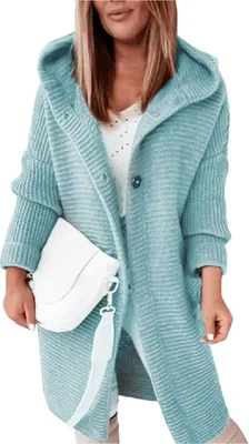 Produktbild von ASKSA Damen Strickjacken Strickmantel Warm Langarm Einfarbig Sweatshirt Grobstrick Hoodie Strickcardigan Mit Kapuze (Hellblau,M)