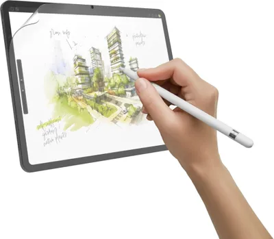 A hand is holding a stylus and drawing on a tablet screen which displays an architectural sketch.