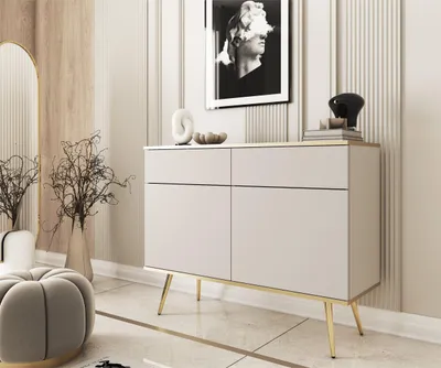 Produktbild von 2-türig Kommode Glow im glamour Stil Schrank mit Regalen und Schubladen modern Sideboard mit goldenen Zusätzen, Farbe: Beige, Gold