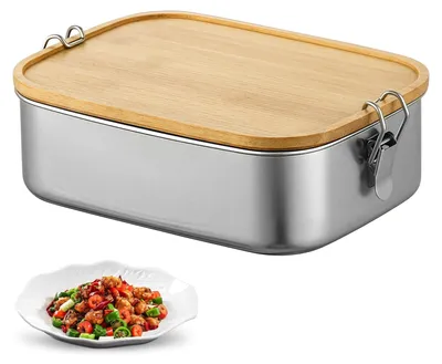Produktbild von Lunchbox aus Edelstahl, 1200 ml: Lunchbox für Erwachsene/Kinder mit Holzdeckel, auslaufsicher, BPA-frei, Bento-Box/Frühstücksbox für Schule, Ausflüge, Picknicks, Arbeit (A)