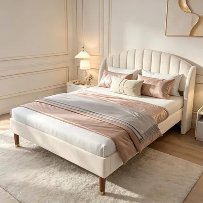 Immagine prodotto di Letto imbottito INONEFT, 140x190 cm, letto matrimoniale con rete a doghe, struttura del letto con testiera, adatto come letto per giovani e adulti, letto per ospiti, rivestito in velluto, colore beige