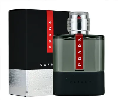 A product shot of Prada Luna Rossa Carbon Eau de Toilette for Men, with its packaging.