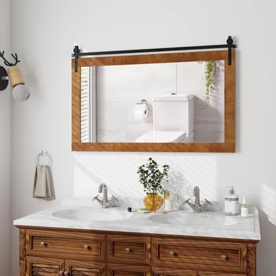 Produktbild von GOPLUS Wandspiegel mit Holzrahmen, Rechteckiger Spiegel 100 x 66 cm, Badspiegel mit Metallhalterung, Badezimmerspiegel für Wohnzimmer, Schlafzimmer