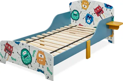 Immagine prodotto di Lettino Relaxdays, LxPxA: 60x94x143 cm, lettino per bambini con ripiano, protezione anticaduta, rete a doghe, motivo con mostri, MDF, colorato