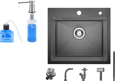 Produktbild von 50 x 45 cm  Küchenspüle in gebürsteter , Edelstahlspüle, Einzelbecken, Aufputzmontage und Spüle mit Seifenspender