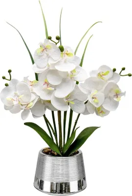 Obrázok produktu pre 40 cm umelá orchidea, umelá orchidea v črepníku, strieborná, umelá orchidea s 14 kvetmi, bonsai do obývačky, kancelárie, svadobná dekorácia