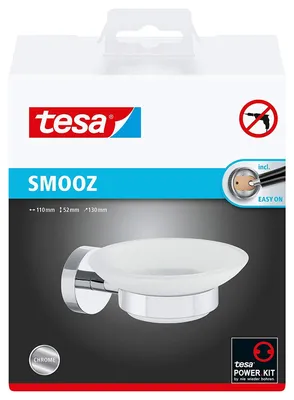 Produktbild von Tesa Smooz Seifenhalter (NICHT BOHREN, verchromt, satinierte Glasschale (abnehmbar), inkl. Klebelösung, 52mm x 110mm x 130mm) 40324-00000