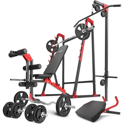 Image de Marbo Sport ensemble MH26_144KG_KIER_G | banc de musculation + support pour haltères longs + entraîneur de jambes + station de traction latissimus + pupitre curl + ensemble de barres/disques d'haltères 83 kg