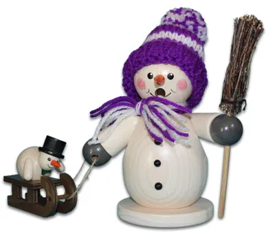 Produktbild von Holzwaren Egermann Räucherfigur aus Holz - Schneemann mit Schlitten & Kind - in Lila - ca. 15cm - 965