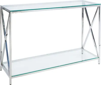Produktbild von BELIANI Konsolentisch Silber und Transparent Sicherheitsglas 40 x 120 cm mit Edelstahlgestell Rechteckig Schmal Modern Wohnzimmer Flur Diele Esszimmer