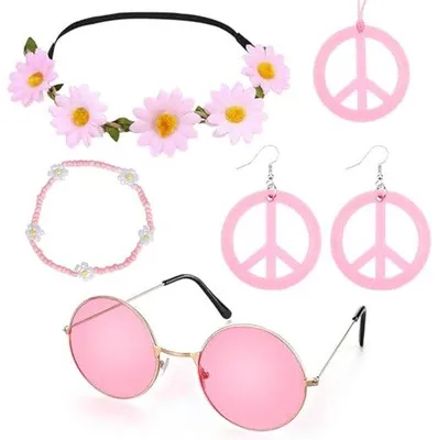 Immagine prodotto di Ultiluxe Accessori Hippie - 5 Pezzi - Set Costumi - Anni 60 70 Verano - Retro Stile - Festival - Taglia L - Rosa