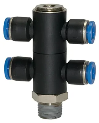 Produktbild von Riegler T-Mehrfachverteiler »Blaue Serie«, 4-fach drehbar, R 1/4 a. Ø 12mm