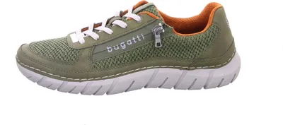 A single green Bugatti sneaker is shown against a white background.