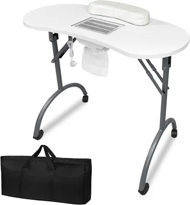 Obrázok produktu pre Skladacia manikérka – mobilný stolík na manikúru – pre ošetrovanie nechtov – s integrovaným odsávacím systémom – 90 x 37 x 77 cm – biela