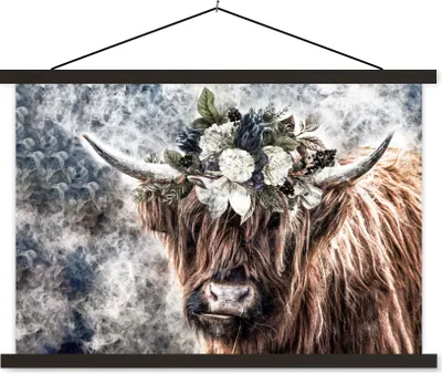 Produktbild von MuchoWow® Textilposter Schottische Hochlandrind - Blumen - Nebel 60x40 cm mit schwarzem Rahmen - Hölzernes