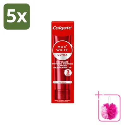 Imagen del producto de 5 tubos de pasta dental Colgate Max White Ultra Deep Clean, blanqueadora, de 75 ml. Pack ahorro, 5 unidades