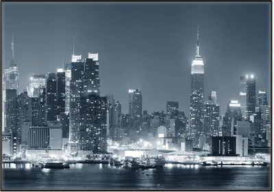 Produktbild von Wallario Wandbild New York Skyline - Schwarz Weiß Blau, Größe: 70,30 x 100,30 cm, Poster mit schwarzem Aluminiumrahmen