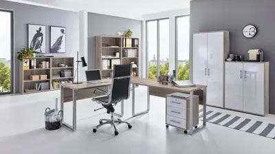 Produktbild von Büromöbel-Set TABOR PRO 6 in Eiche Sonoma / weiß Hochglanz, Arbeitszimmer Komplett-Set