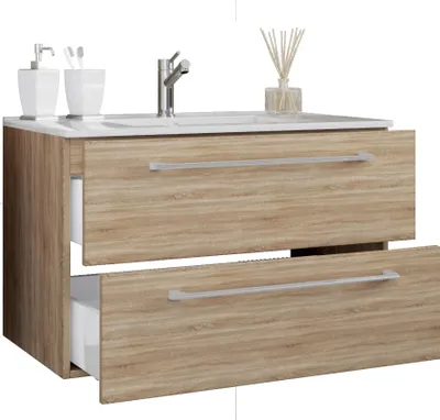 Immagine prodotto di 2 pz lavabo / lavabo armadio larghezza 60 cm / set di mobili da bagno appeso con due cassetti / Badinos