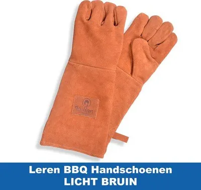 Immagine prodotto di Guanti da barbecue in pelle Unyqoos®: 45 x 18 cm. Guanti per barbecue in vera pelle, color marrone chiaro/cognac, protezione dal calore e presa ottimale, confezione regalo