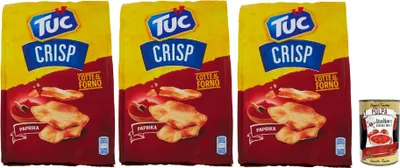 Produktbild von Crisp, Gusto Paprika, Knuspriges Blätterteiggebäck auf der Basis von im Ofen gegarten Kartoffeln chips mit 100% italienischem Weizen, 3x 100 g + Italian Gourmet polpa 400g