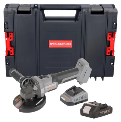 Obrázek produktu pro Procraft Industrial AG125Abb akumulátorová úhlová bruska 20 V 125 mm bez kartáčů + 1x akumulátor 2,0 Ah + nabíječka + kufr na nářadí RHINO