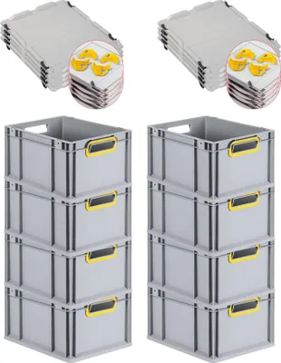 Produktbild von SuperSparSet 8x Eurobox NextGen Color mit Auflagedeckel und Schiebeschnappverschlüsse | HxBxT 22x30x40cm | 20 Liter | Grau | Griffe gelb offen | Glatter Boden | Eurobehälter, Transportbox, Transportbehälter, Stapelbehälter