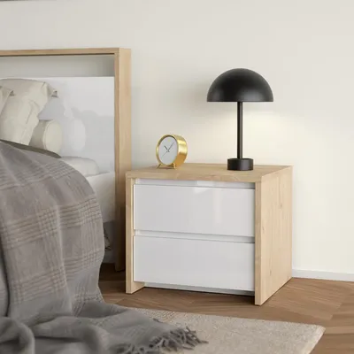 Productafbeelding van Nachtkastje Next 2 lades Hickory/Wit Hoogglans - Giga Living