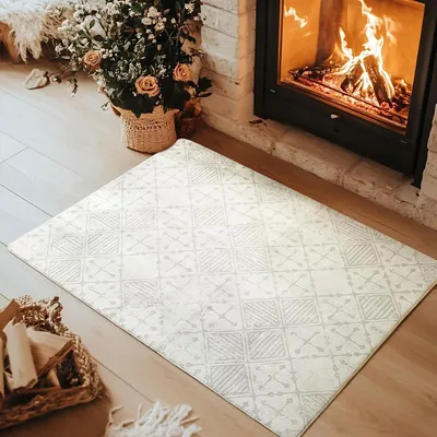 Immagine prodotto di Tappeto a pelo corto, 80x120 cm, grigio, crema, bianco, motivo geometrico, antiscivolo, moderno, rettangolare