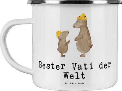 Produktbild von Mr. & Mrs. Panda Teetasse Bär Bester Vati der Welt - Weiß - Geschenk, Mann, Pott, Papa, Dankeschön, Motivtasse, Vater, Kaffeepott, Teebecher, Emaille Tasse, Familie
