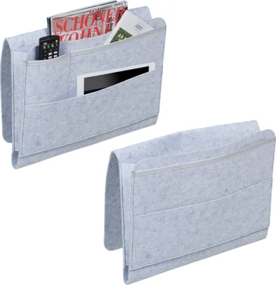 Produktbild von Relaxdays Betttasche, 2er Set, 4 Fächer, Klettverschluss, Aufbewahrung für Bett & Sofa, Bett Organizer, Filz, hellgrau