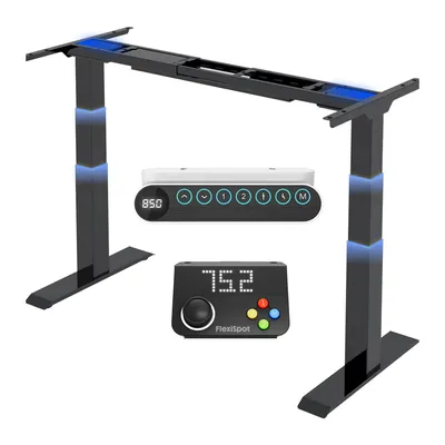 A black adjustable desk frame with two control panels shown in front of it.