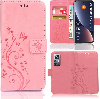A collage of images showing a pink phone case with a floral pattern, a phone inside the case, and cards inserted into the case.