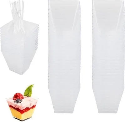 Produktbild von Plastik-Dessertgläser 60 ml - 50 Stück - inkl. Löffeln - ideal für Mousse-Pudding-Icecream - Picknick-Service