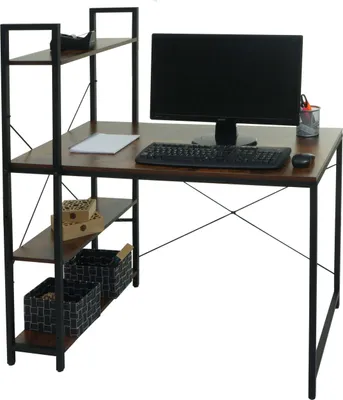 Zdjęcie produktu dla Biurko z półką HWC-K81, stolik pod laptopa biurko stół do pracy, 100x60cm metal MDF ~ brązowy