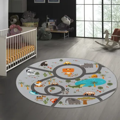 Immagine prodotto di Tappeto da strada antiscivolo per bambini con animali, grigio, dimensione: 160 cm (rotondo)