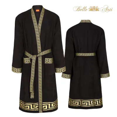 Produktbild von Luxus Bademantel Kimono Mäander schwarz gold für Damen & Herren - 100% Baumwolle - XL