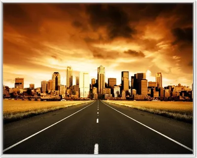 Produktbild von Wallario Wandbild Skyline am Ende der Straße, Größe: 40,30 x 50,30 cm, Poster mit weißem Aluminiumrahmen