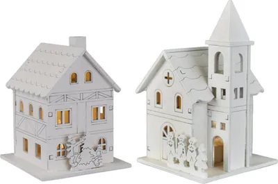 Immagine prodotto di Casetta in legno 10x8 cm e chiesa 13x8 cm bianche con LED, set di 2