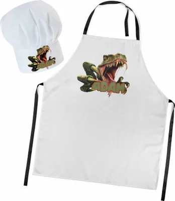 Produktbild von Personalisierte Kochmütze + Kochschürze Set 2tlg. Für Kinder, Jungen und Mädchen, Weiß, Schürze mit Ihrem Namen, Tyrannosaurus [099]